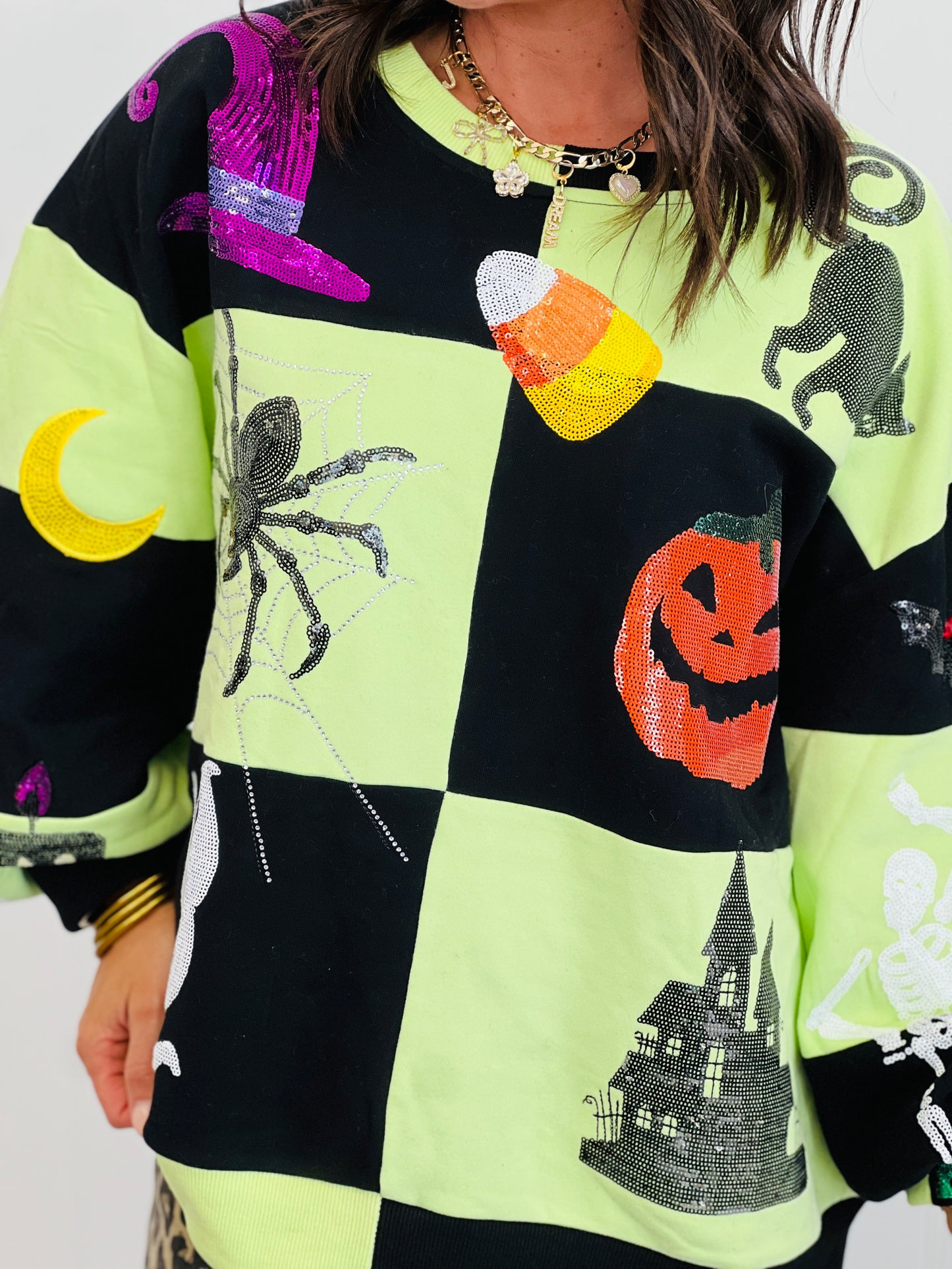 Queen Of Sparkles Green & Black Checkered Halloween Icon Sweatshirt (Reg. and Plus)