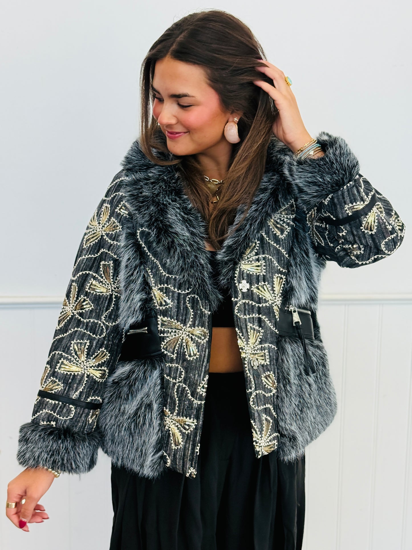 Grey Sequin Printed Faux Fur Button Up Jacket (Reg.)