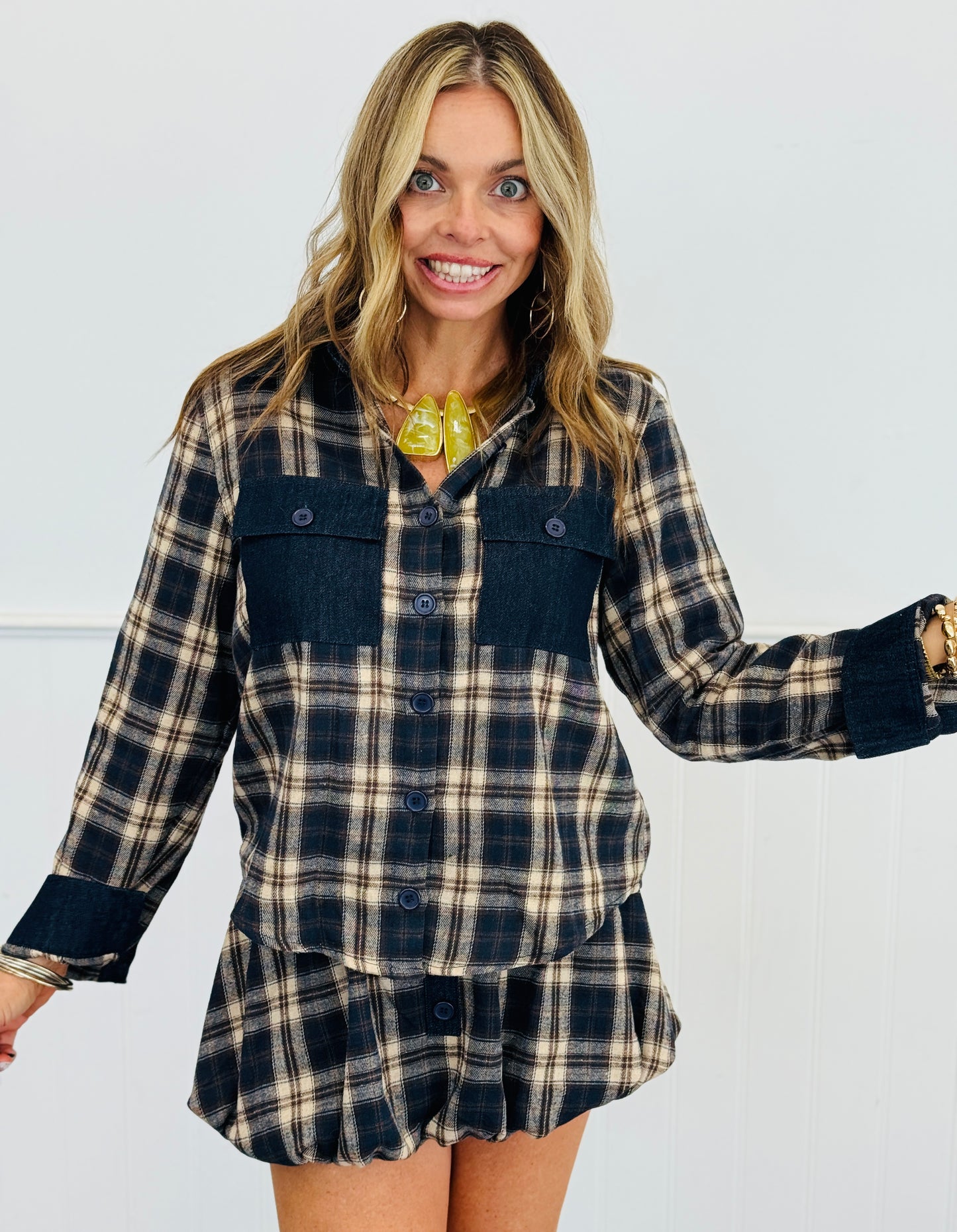Navy Plaid Bubble Mini Skirt (Reg.)