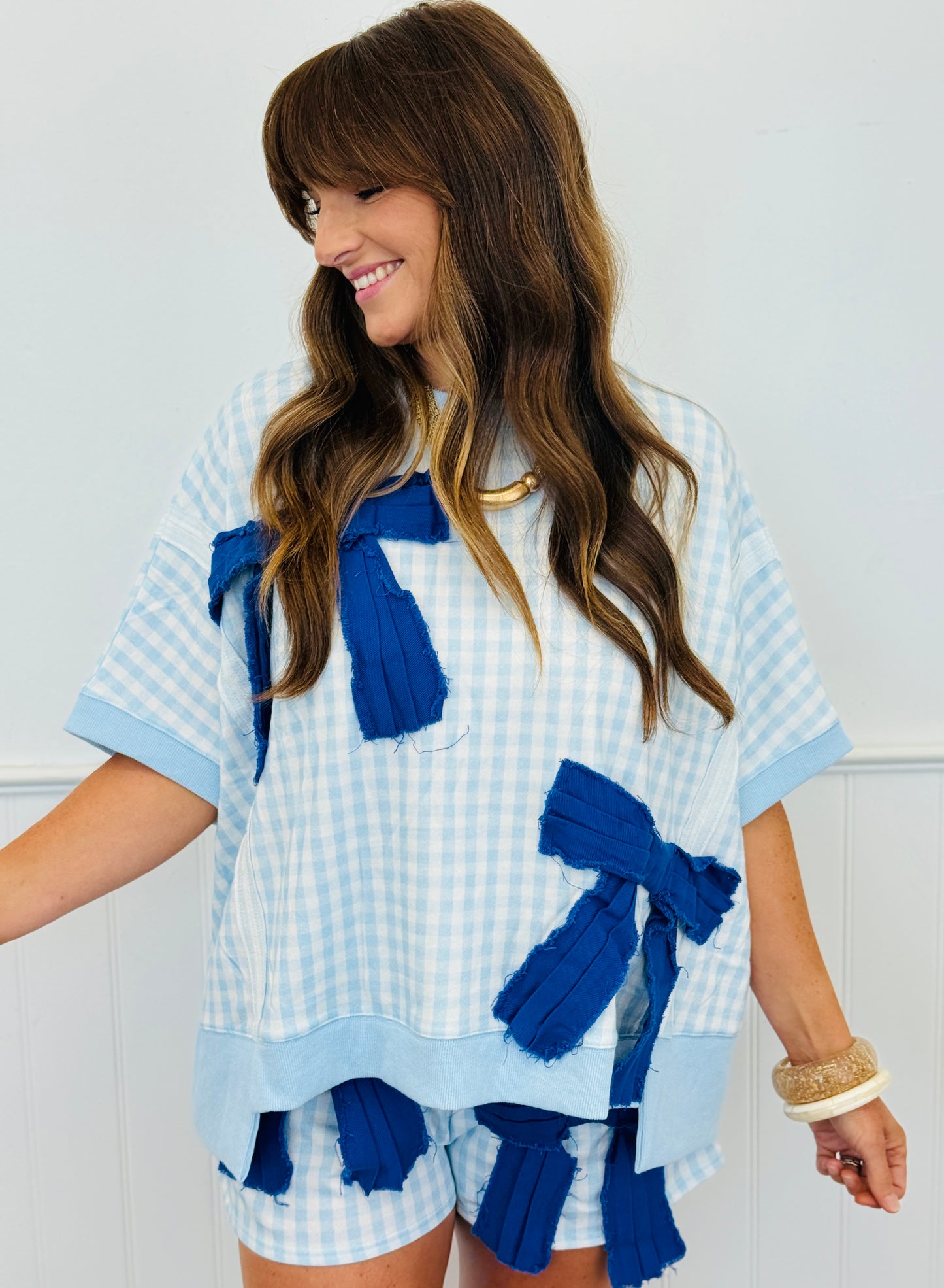 Lt Blue Gingham Terry Bow Detail Top (Reg.)