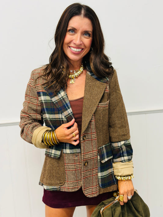 Dark Brown/Navy Plaid Herringbone Blazer (Reg & Plus)
