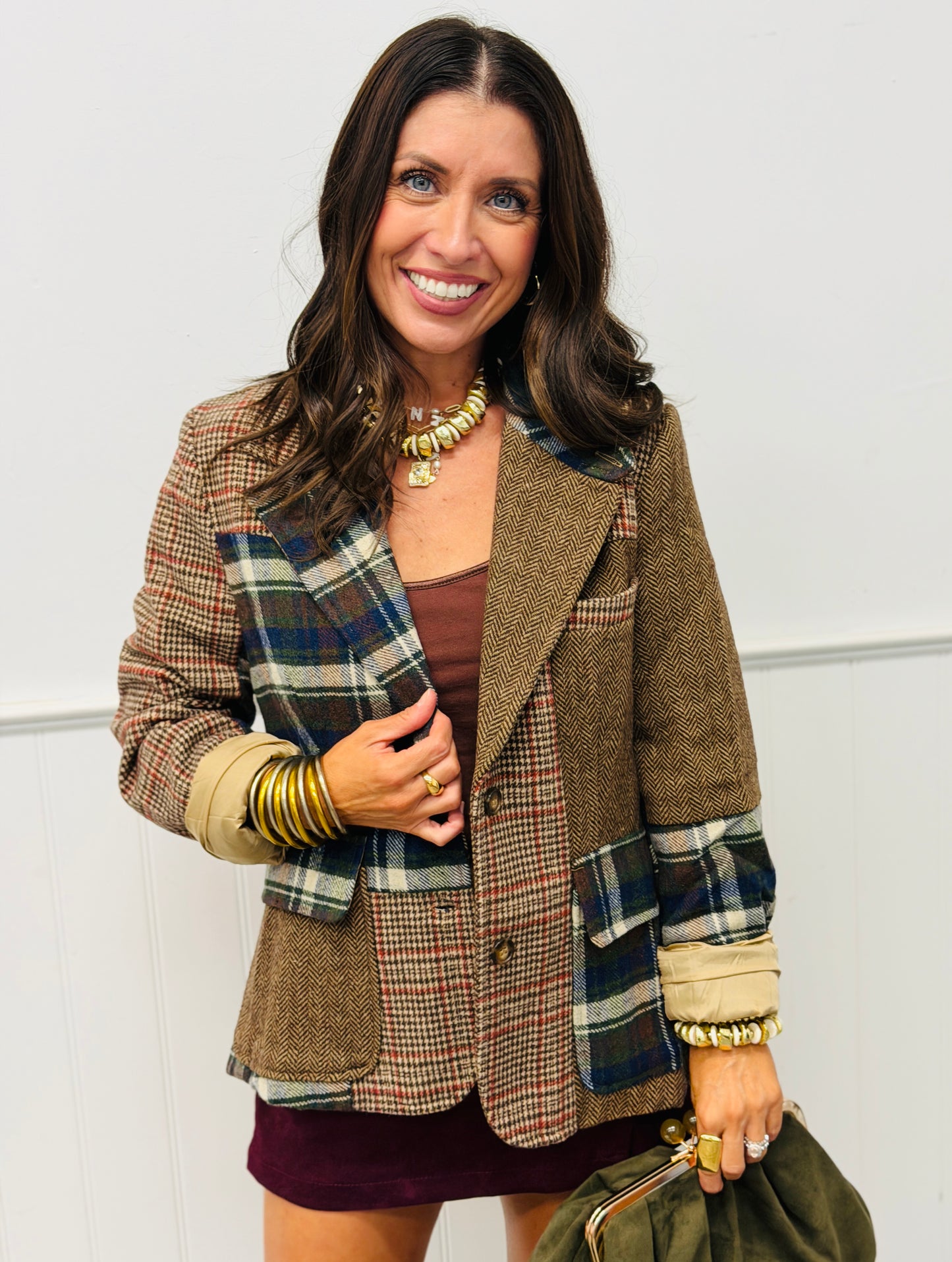 Dark Brown/Navy Plaid Herringbone Blazer (Reg & Plus)