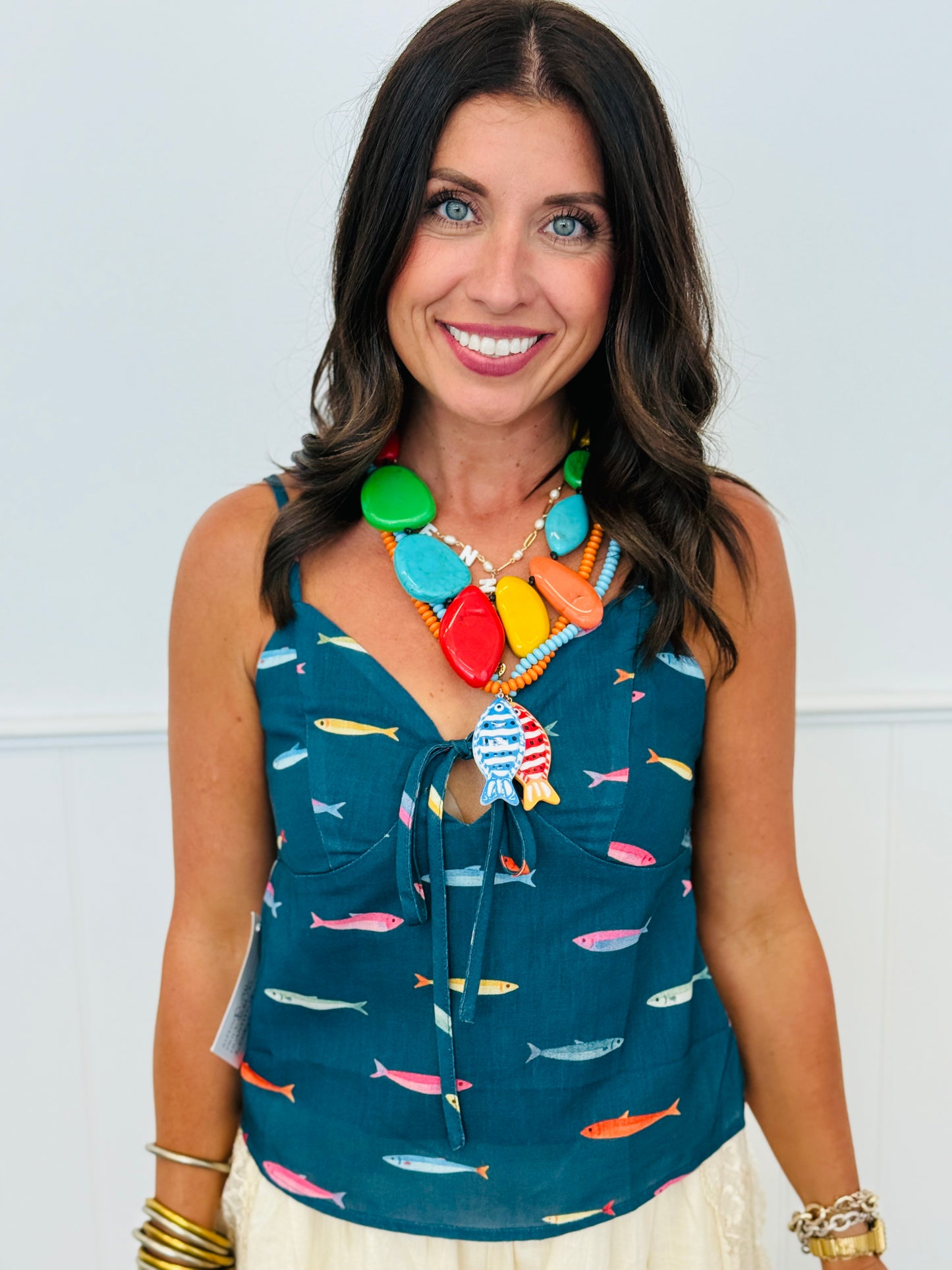 Fish Print Front Tie Cami Top (Reg & Plus) - 2 Colors