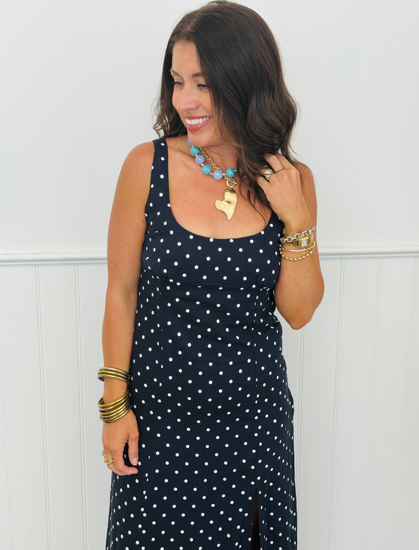 Navy Polka Dot  Side Slit Midi Dress (Reg.)