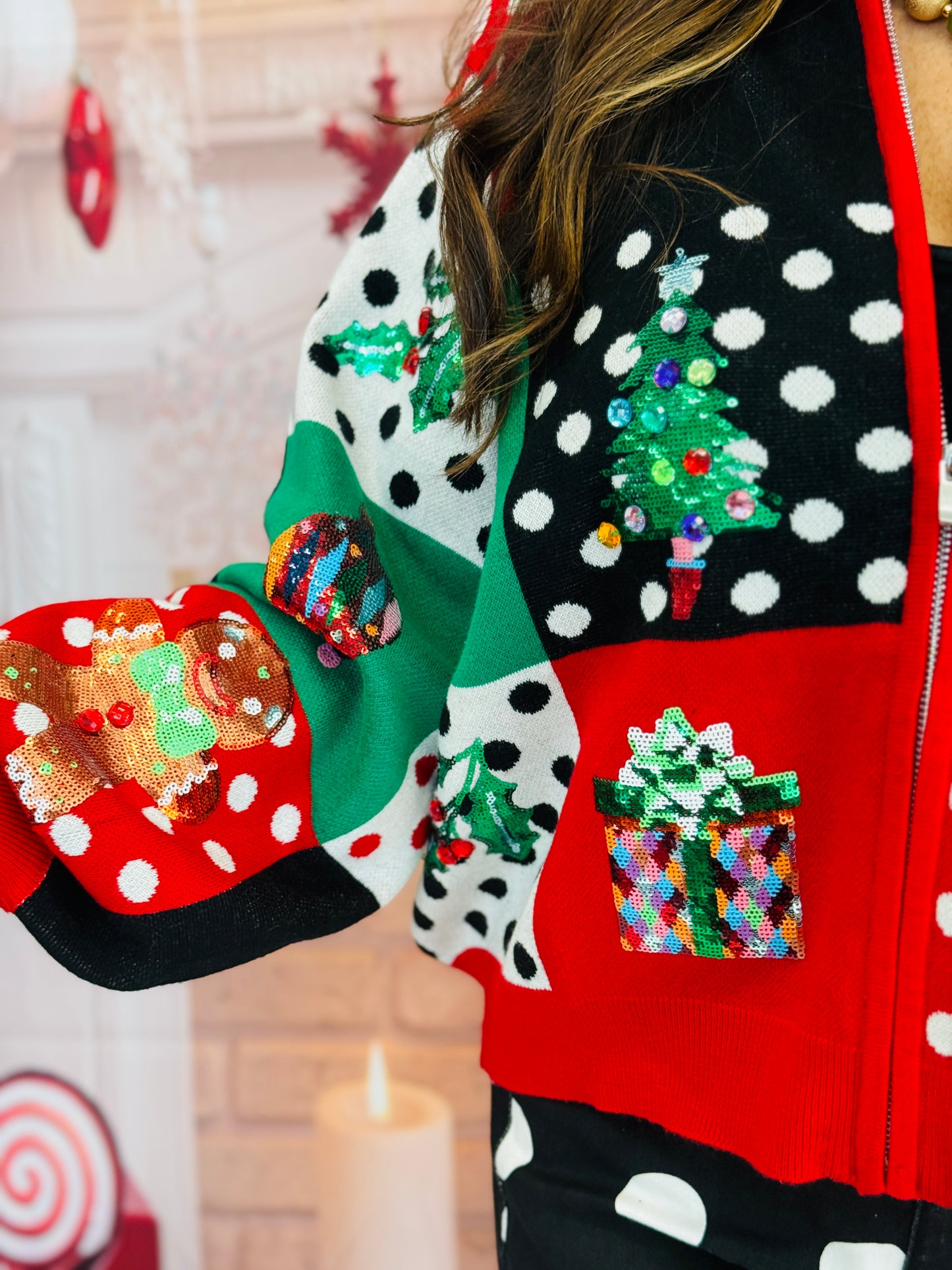 Queen Of Sparkles Colorblock Polka Dot Christmas Icon Zip Up Sweater (Reg. and Plus)