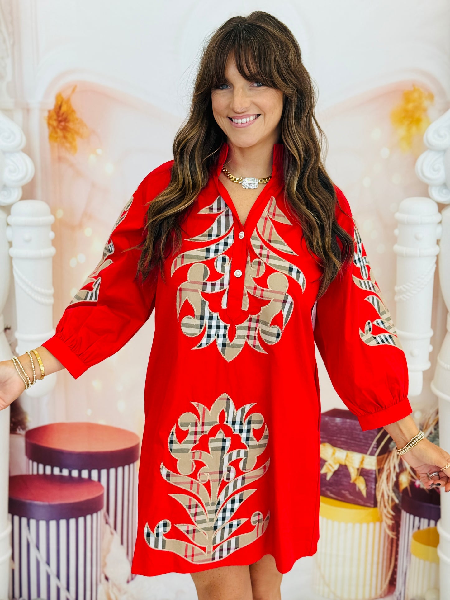 Red Patterned Baroque Applique Mini Dress (Reg.)
