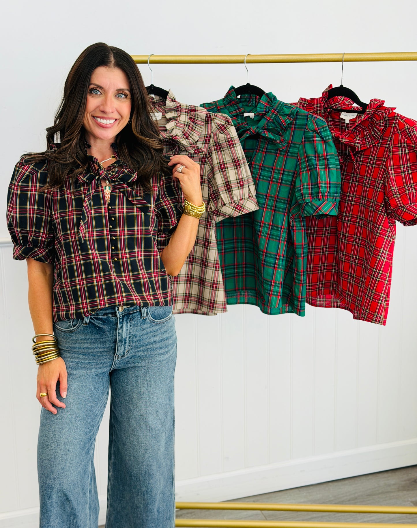 Plaid Tie Neck Puff Sleeve Top (Reg.) - 4 Colors