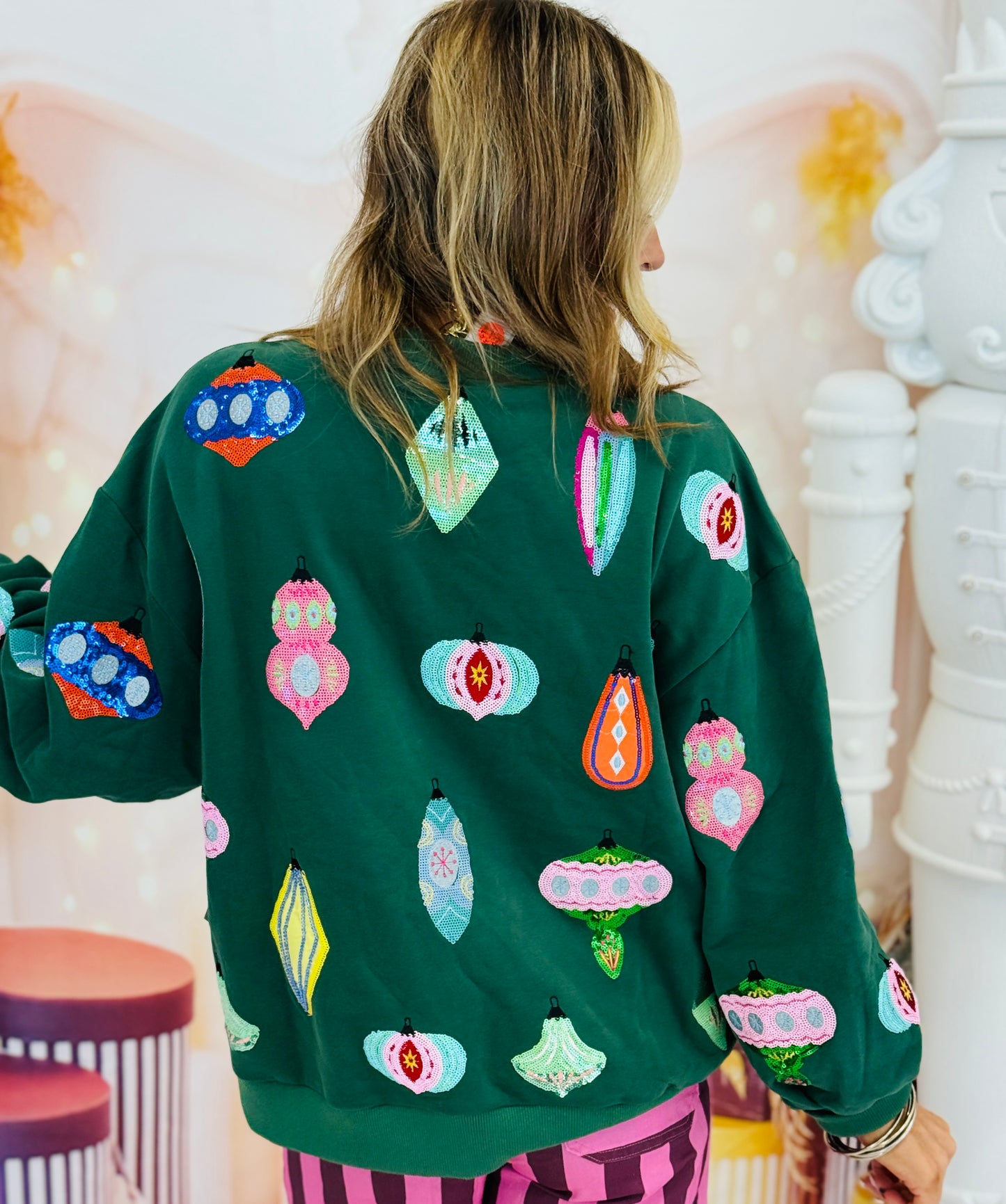Queen Of Sparkles Dk Green Multi Ornament Card Logo Sweatshirt (Reg. & Plus)