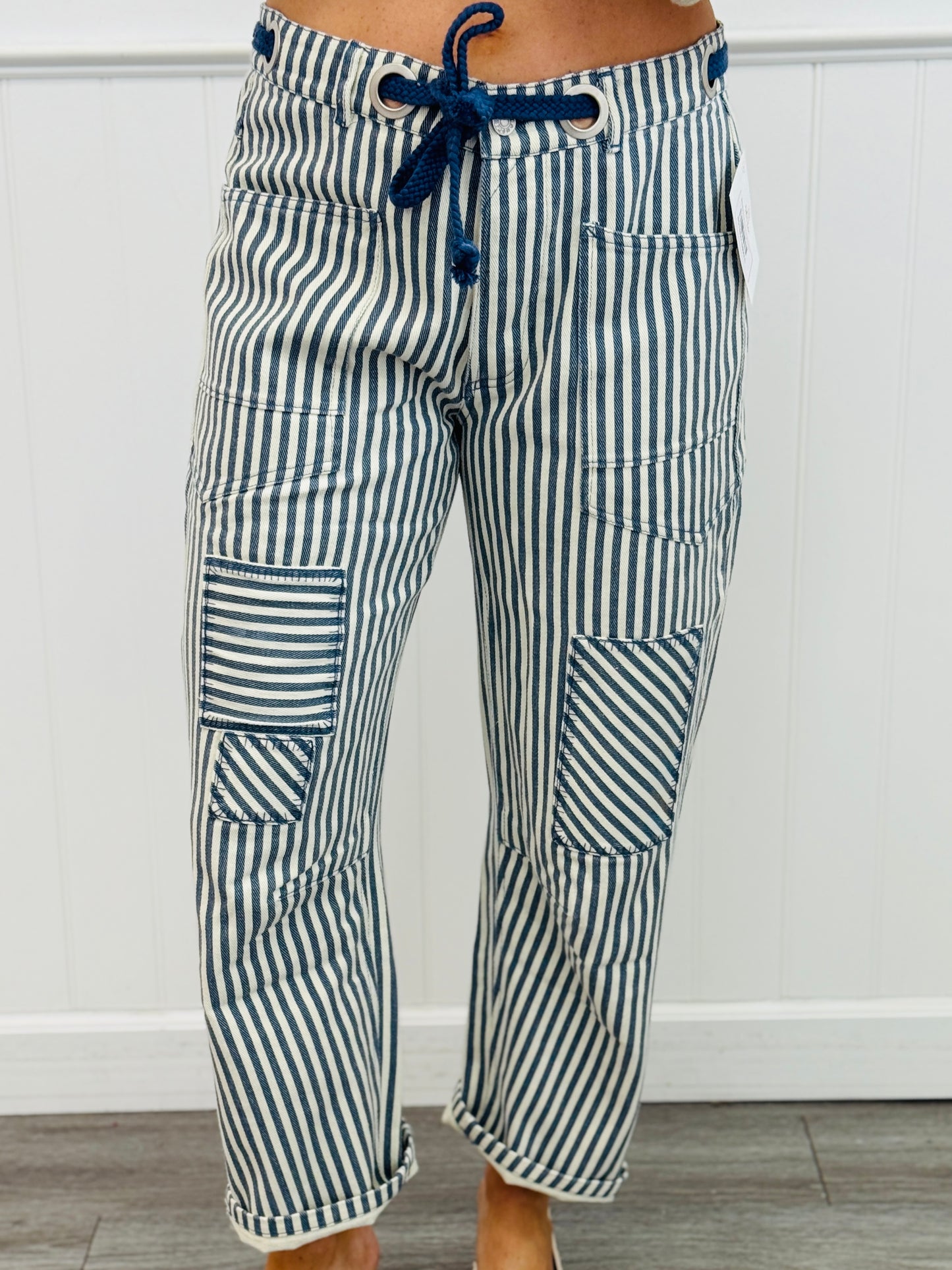 Navy Striped Twill Barrel Pants (Reg & Plus)