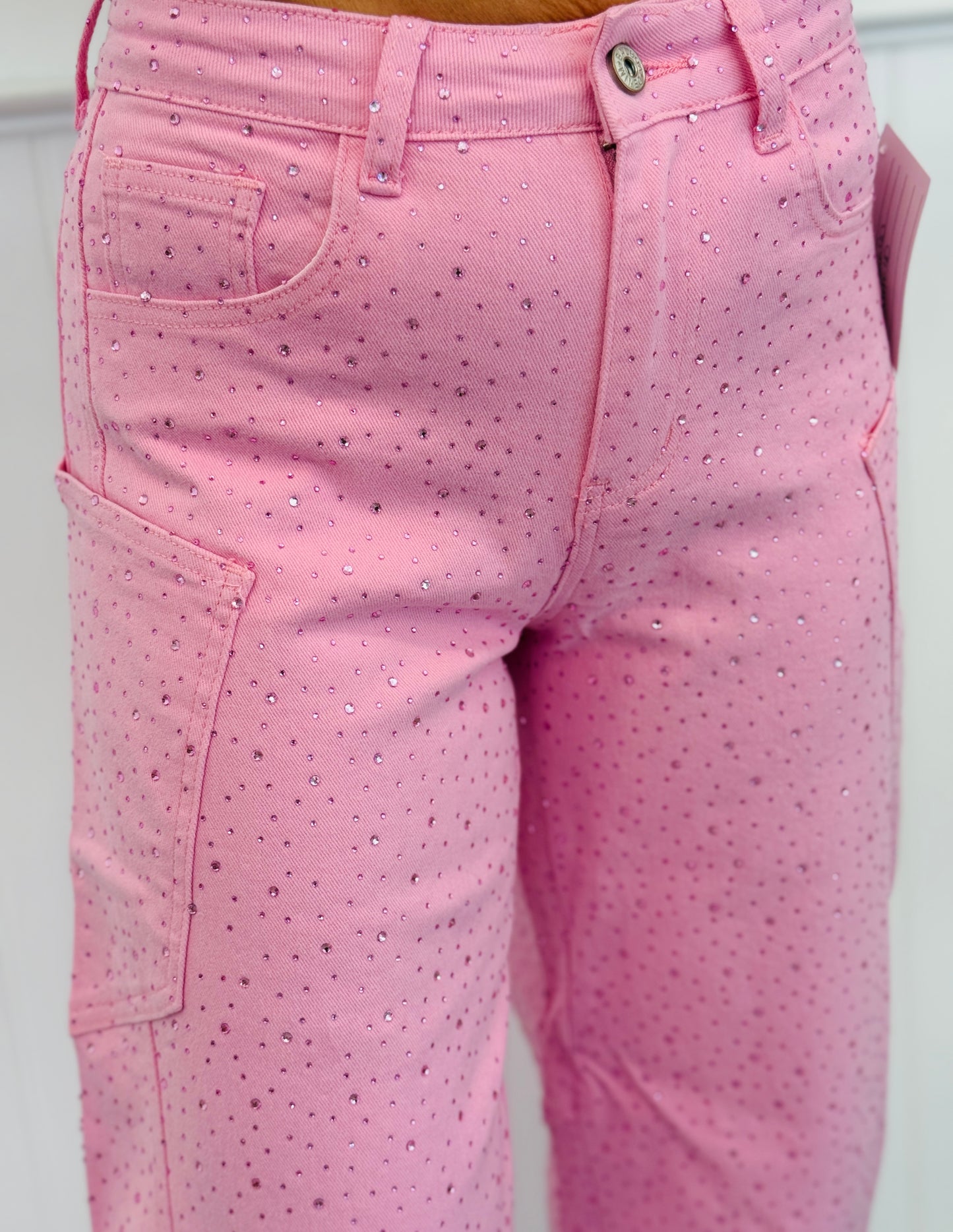 Pink Rhinestone Embellished Barrel Leg Jeans (Reg.)