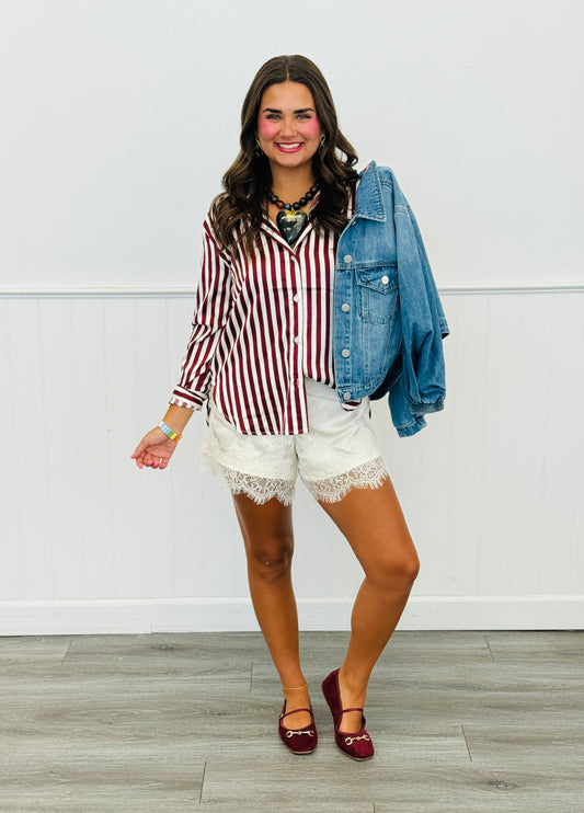 Wine Vertical Striped Charmeuse Blouse (Reg.)