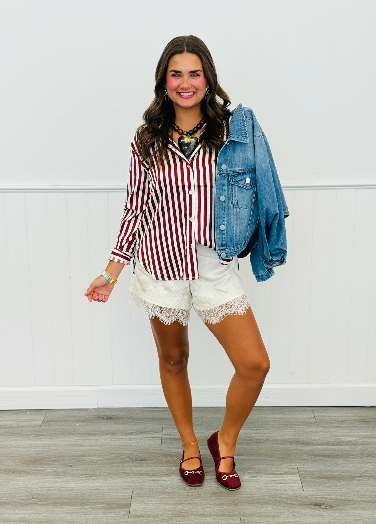 Wine Vertical Striped Charmeuse Blouse (Reg.)