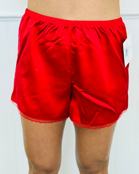 Red Lace Trim Satin Shorts (Reg.)