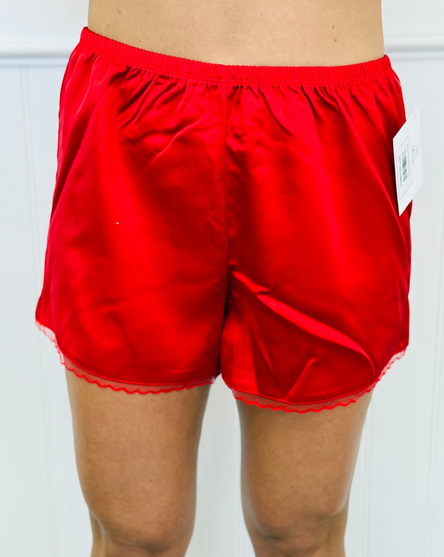 Red Lace Trim Satin Shorts (Reg.)