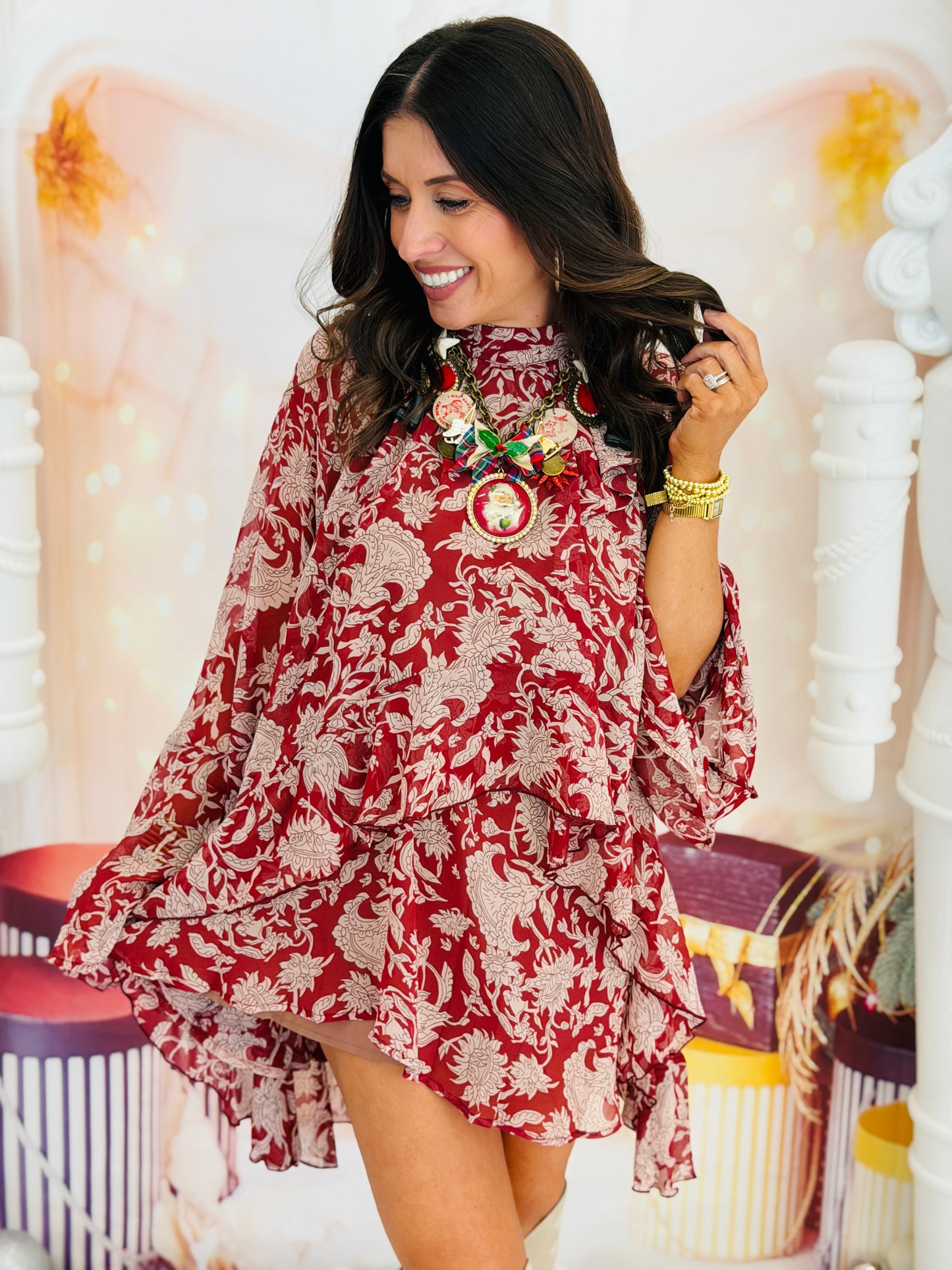 Burgundy Floral High Neck Ruffle Mini Dress (Reg.)