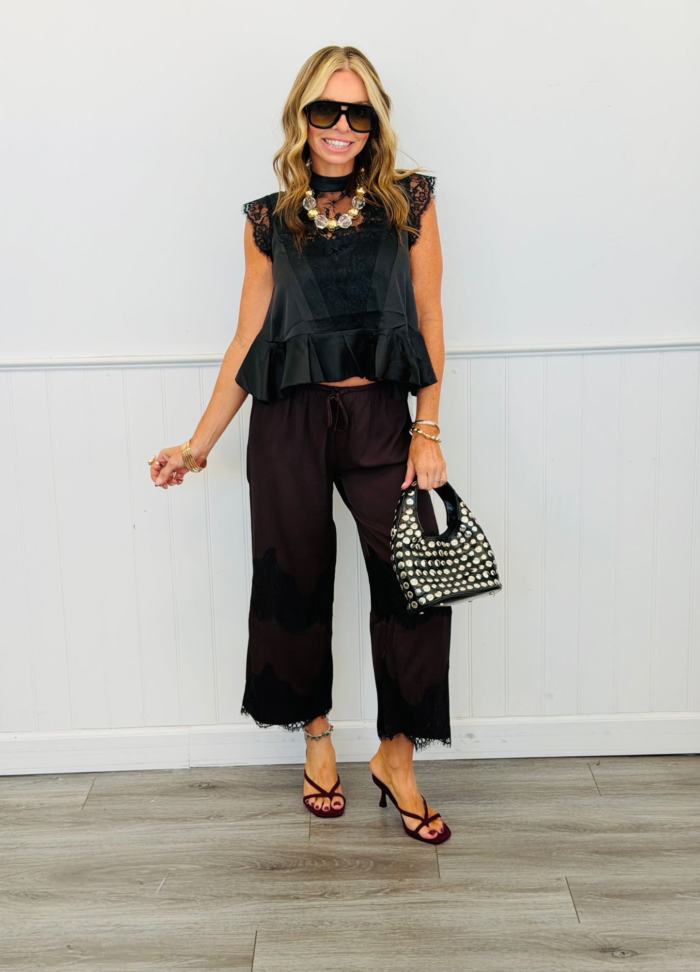 Black Satin Lace Insert Blouse (Reg.)
