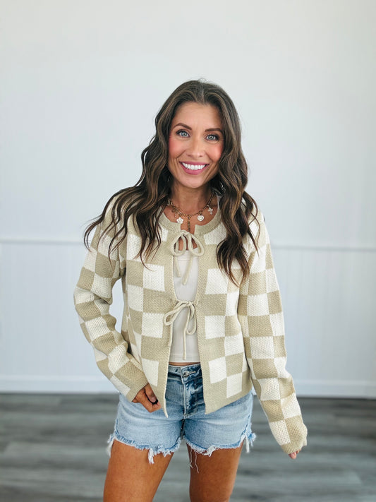 Beige Checkered Tie Detailed Cardigan (Reg.)