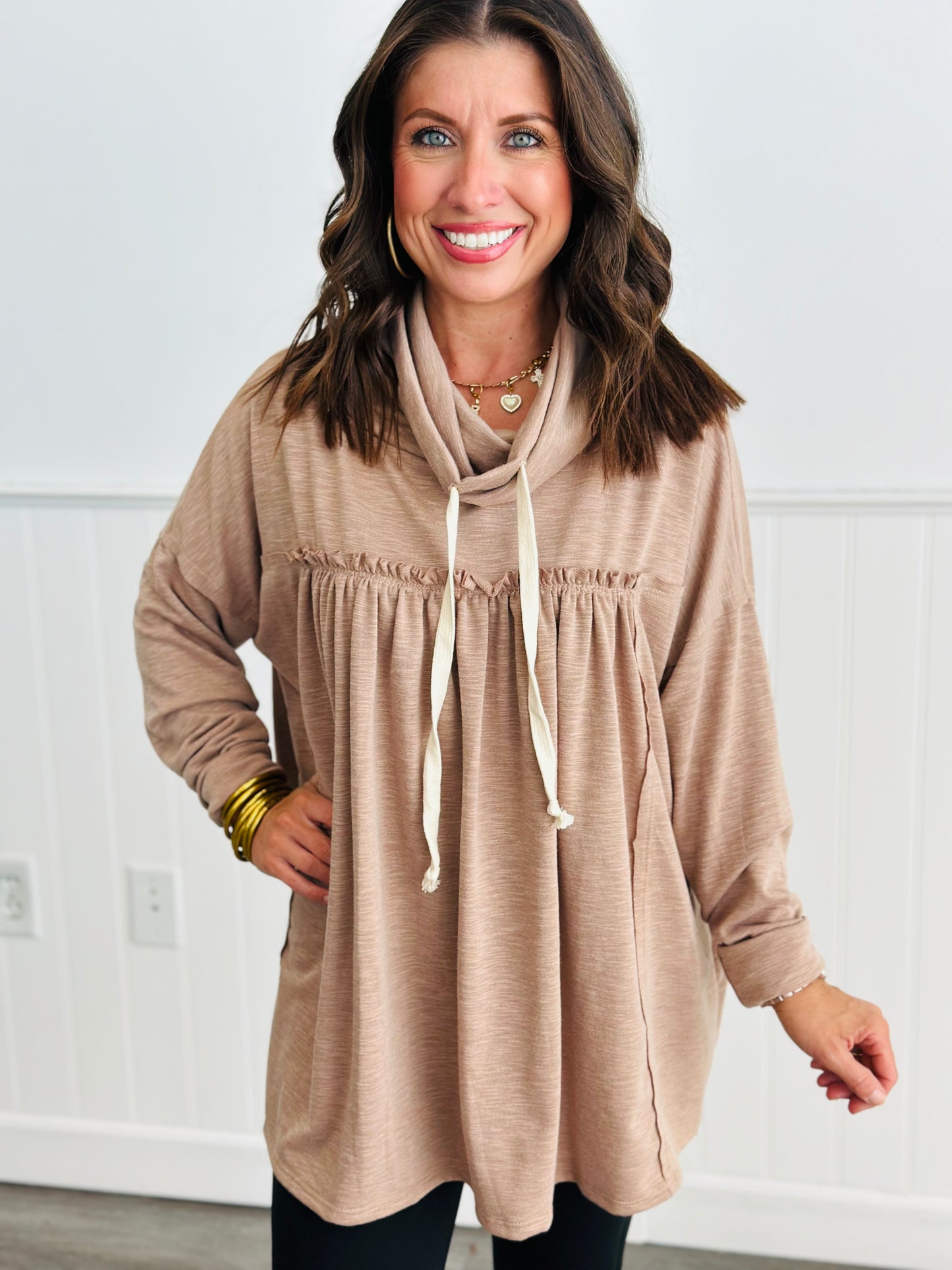 Camel Cowl Neck Hoodie Top (Reg. & Plus)