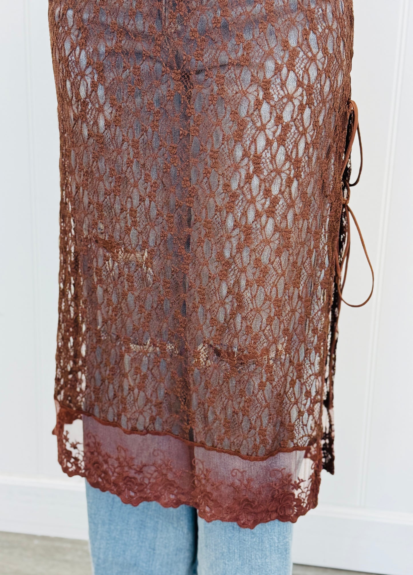 Brown Lace Side Slit Longline Top (Reg.)