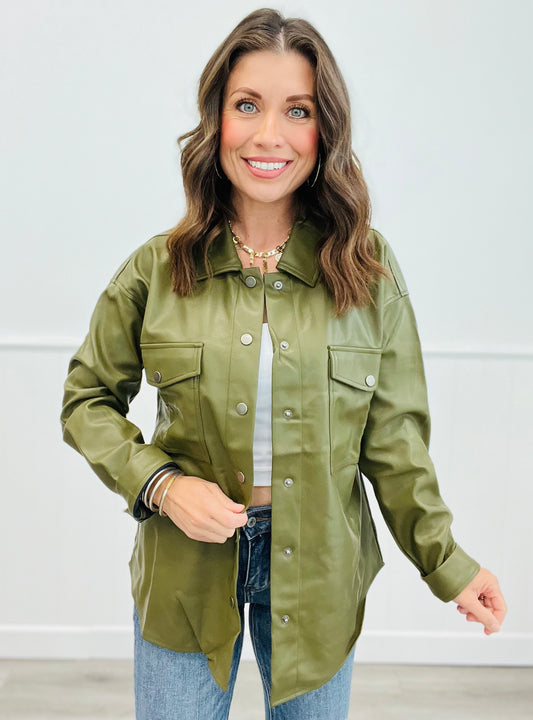 Olive Vegan Leather Shacket (Reg)