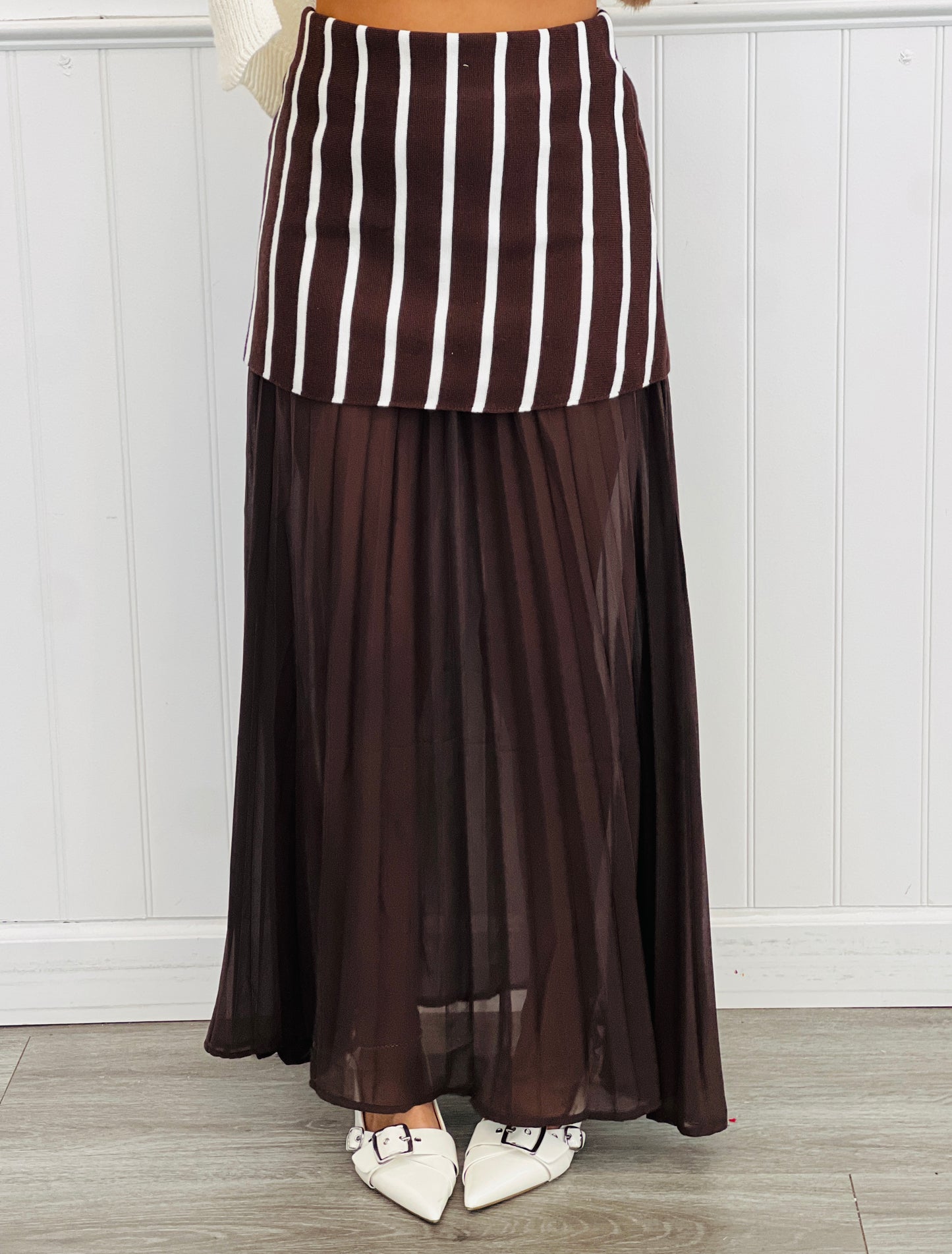 Brown Striped Snap Gold Button Top & Skirt Set (Reg.)