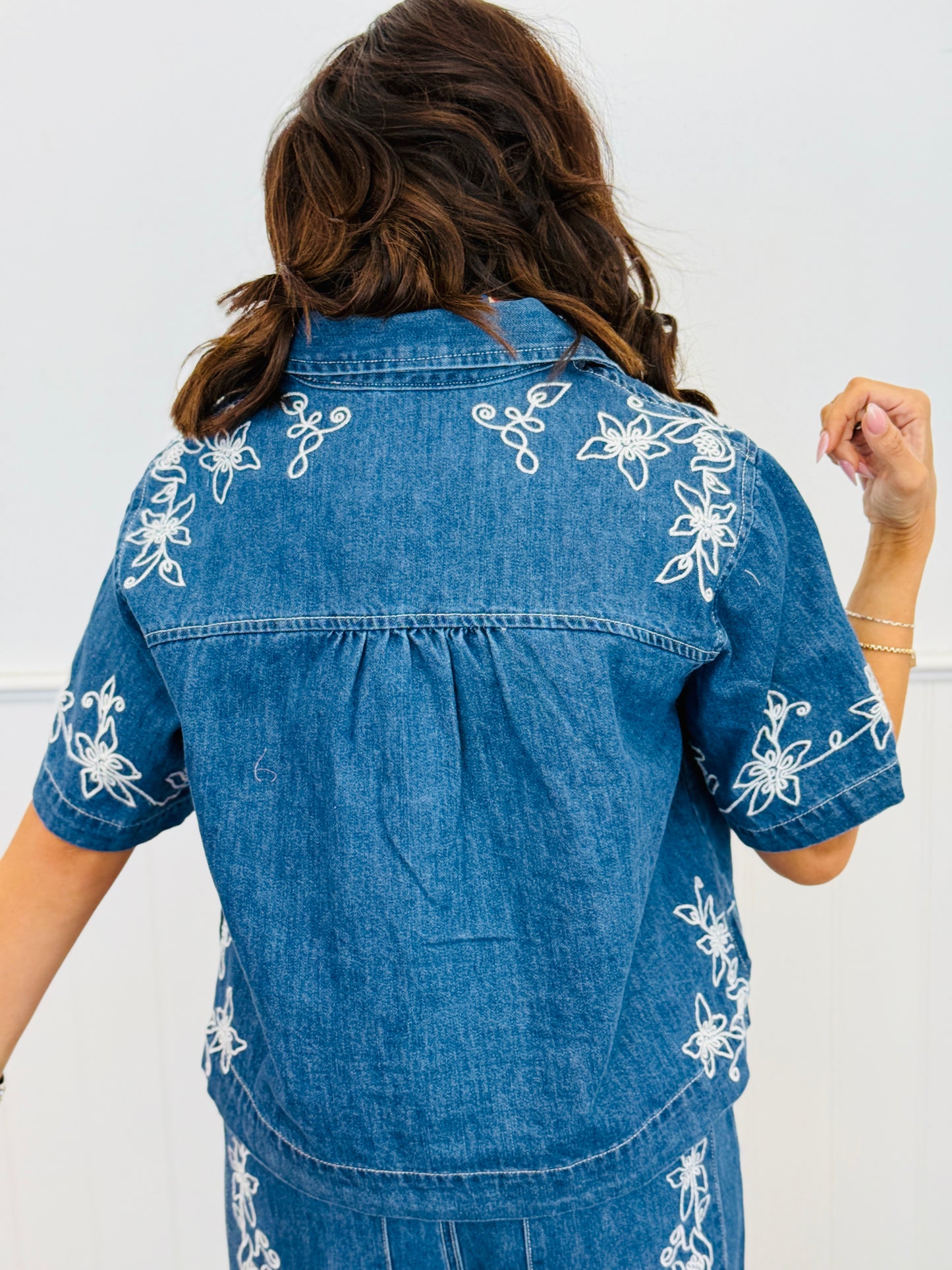 Floral Embroidered Denim Shirt & Pant Set (Reg.)