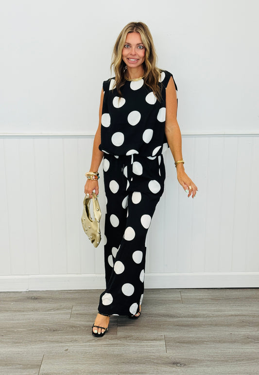 Black/White Polka Dot Top & Pants Set (Reg & Plus)