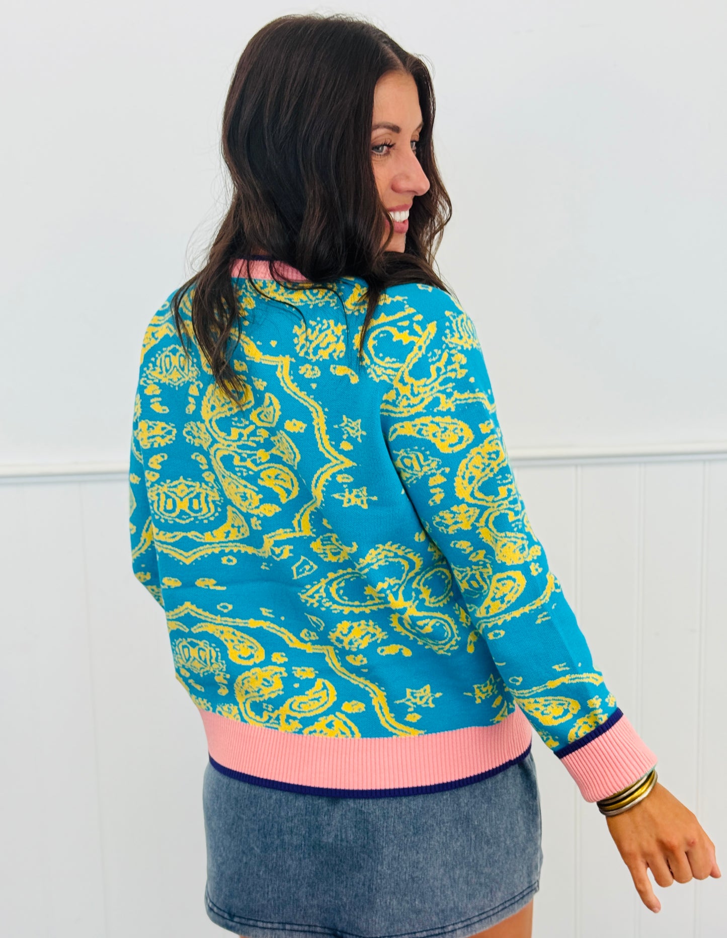 Vivid Blue Paisley Knit Sweater Cardigan (Reg.)