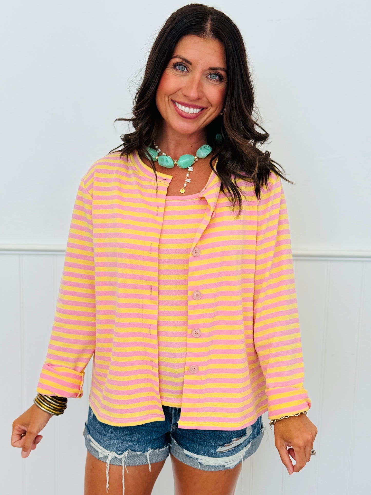 Pink/Yellow Striped Cami Top & Button Up Cardigan (One Size)