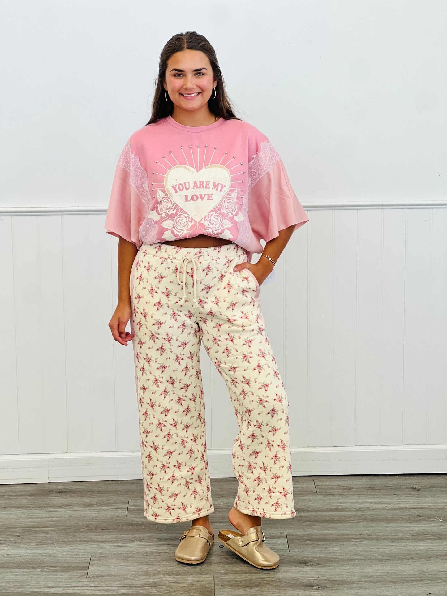 Cream Floral Heavy Fleece Pants (Reg.)