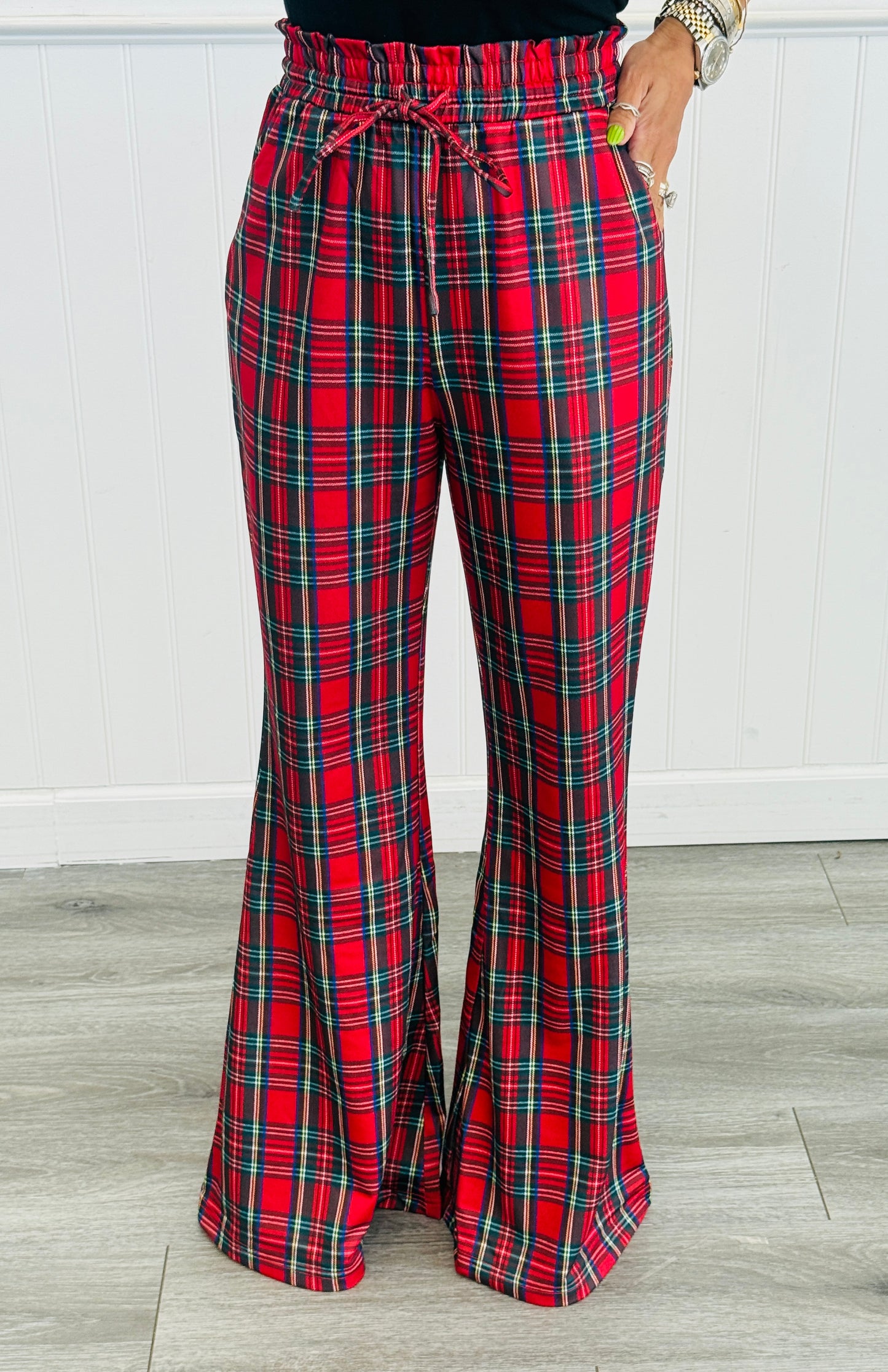 Red Plaid Drawstring Flare Pants (Reg & Plus)