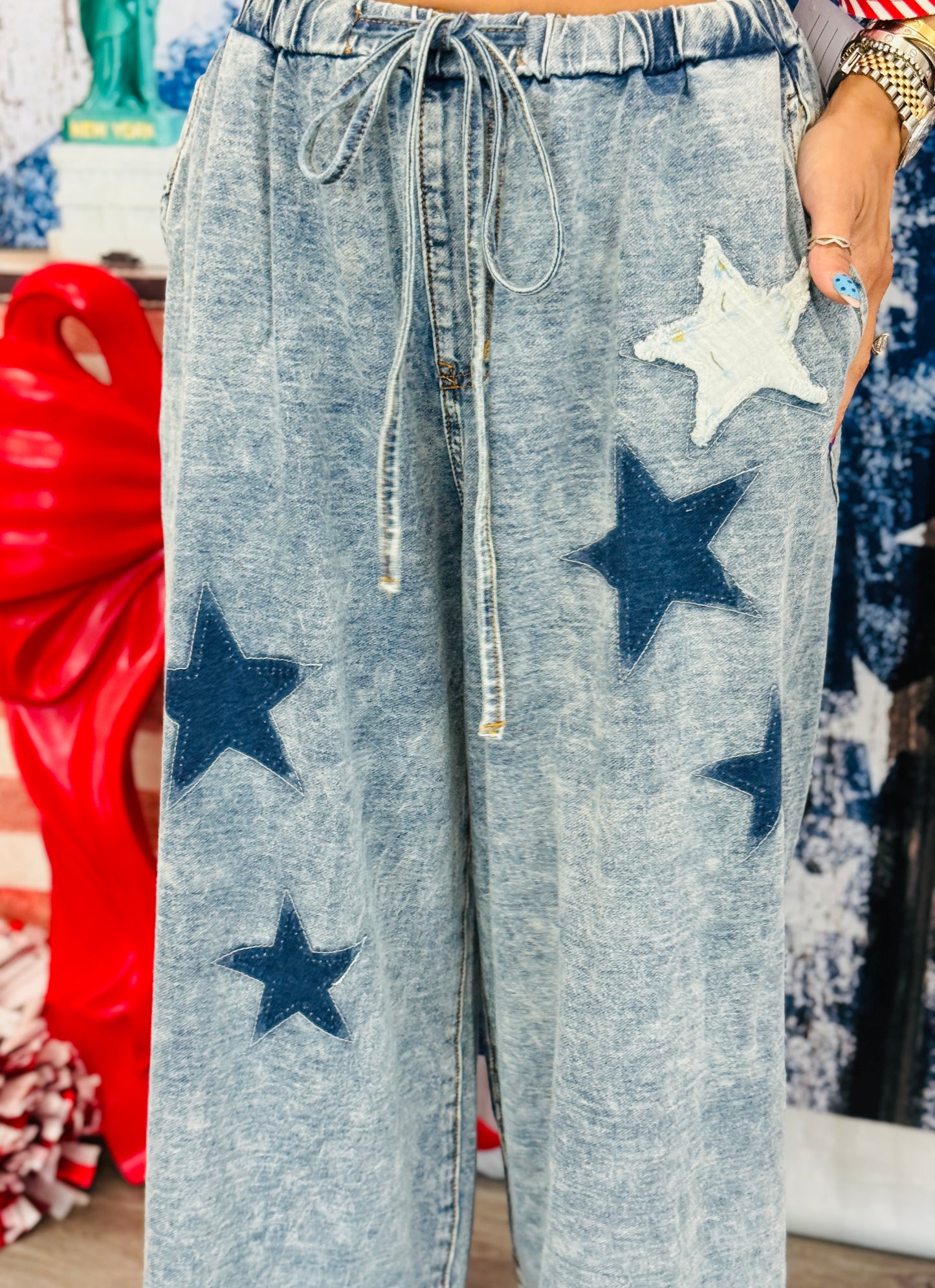 POL Blue Denim Star Patch Wide Leg Pants (Reg.)