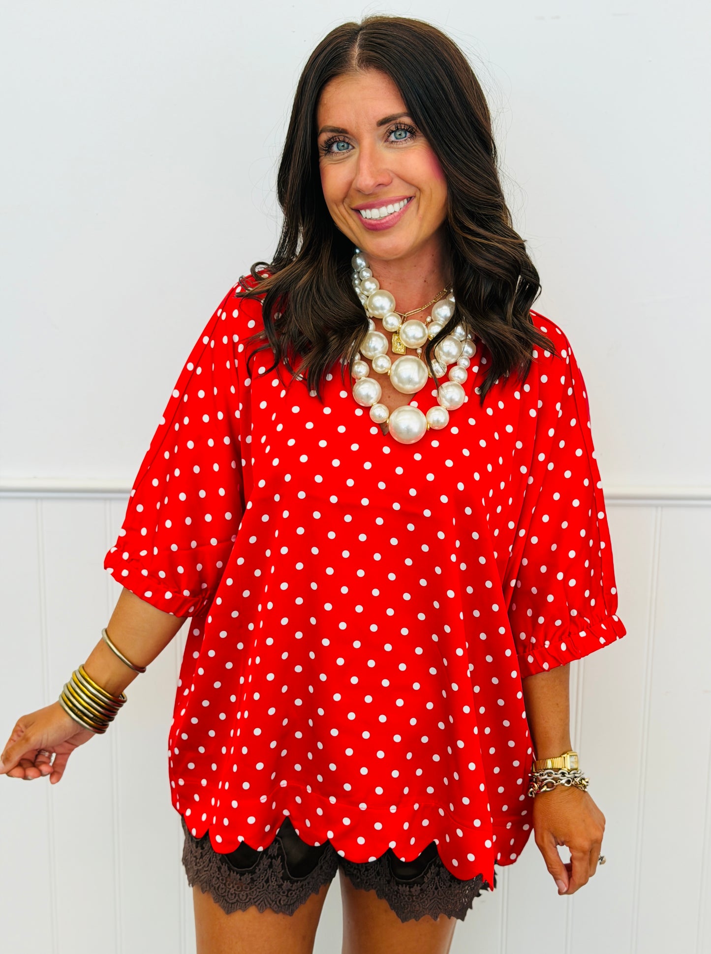 Polka Dot Satin Scallop Trim Top (Reg.) - 2 Colors