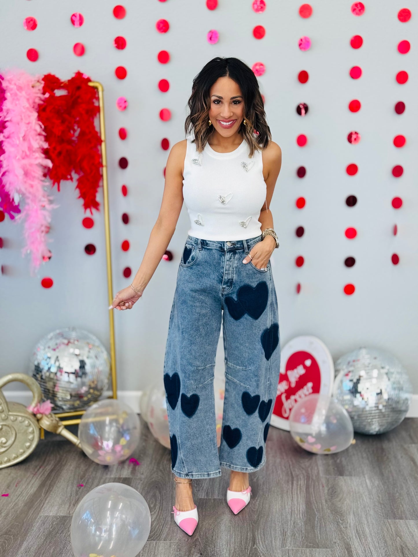 Heart Print Denim Barrel Jeans (Reg)