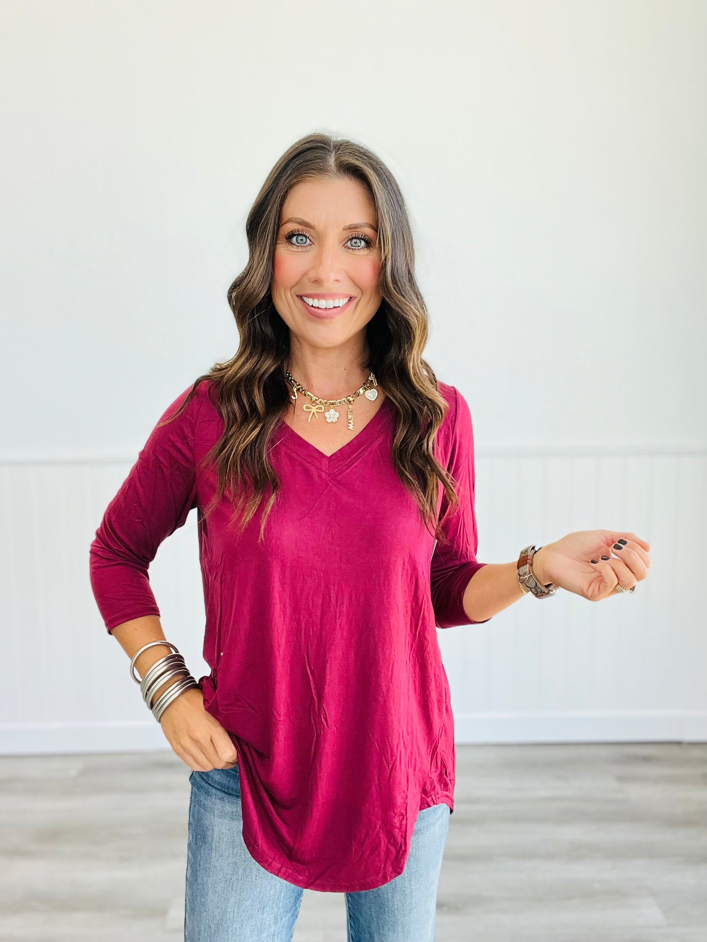 Solid V-Neck Mid Sleeve Top (Reg. & Plus)- 13 Colors