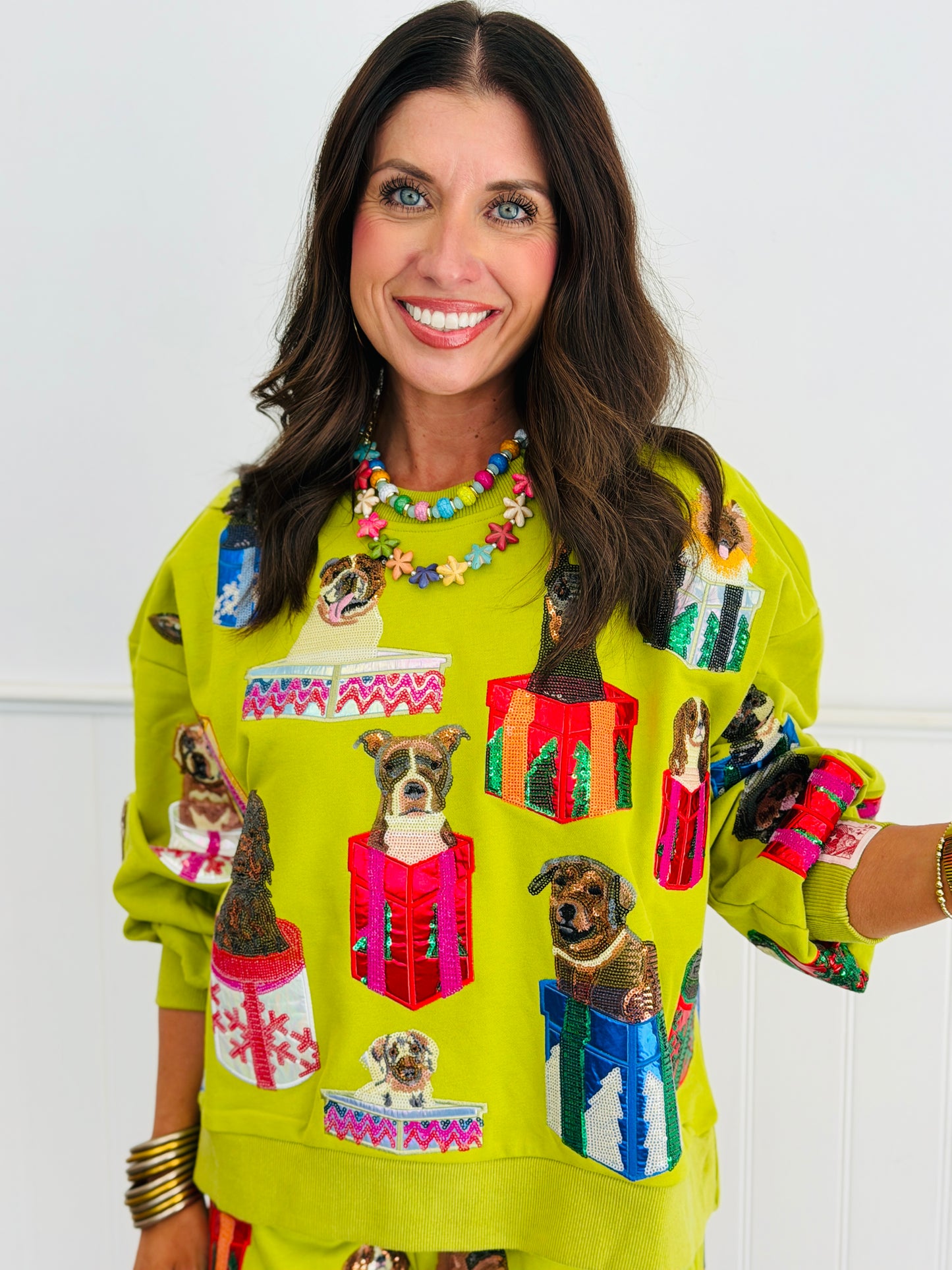 Queen Of Sparkles Green Dogs in Present Boxes Sweatshirt (Reg. & Plus)