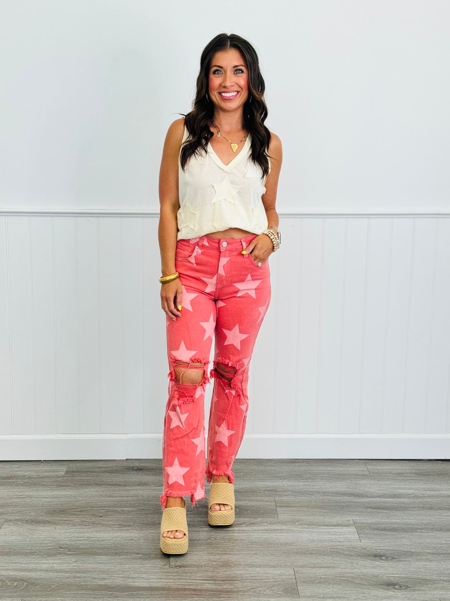 Risen Peach Blossom Star Print Pants (Reg & Plus)