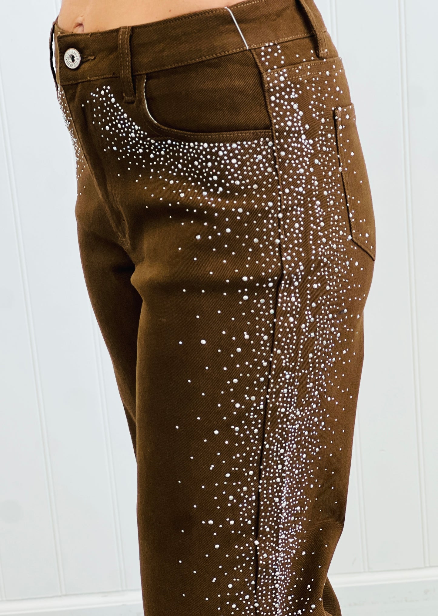 Brown Rhinestone Embellished Straight Leg Pants (Reg.)