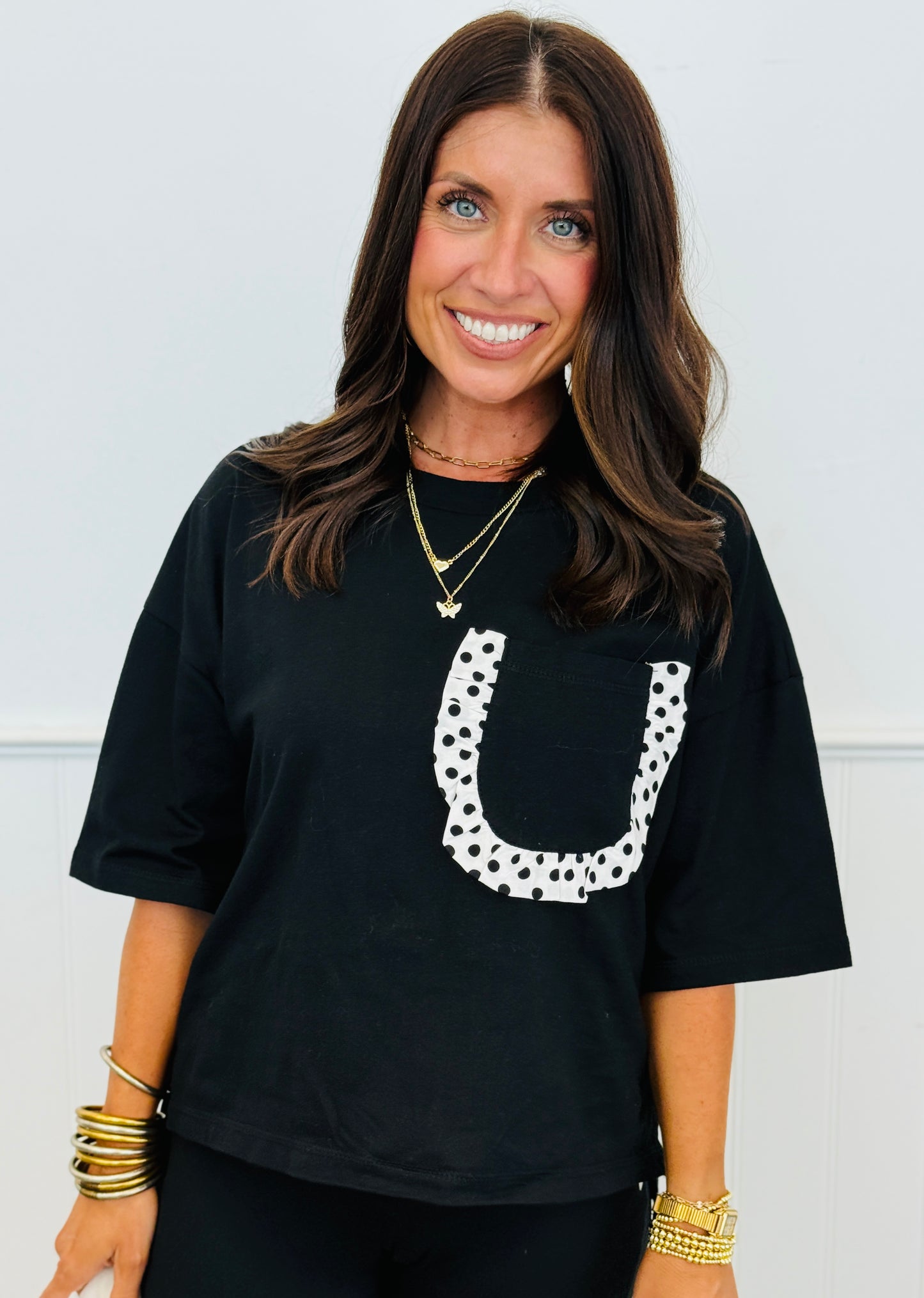 Black Contrast Polka Dot Trim Top (Reg.)