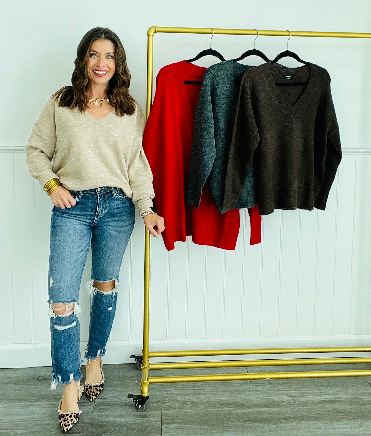 V-Neck Drop Shoulder Sweater (Reg. and Plus) - 4 Colors