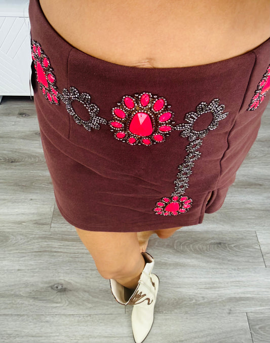 Queen Of Sparkles Brown & Pink Jeweled Necklace Skort (Reg. and Plus)