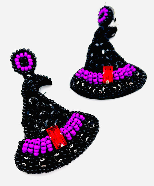 Black Beaded Witch's Hat Earrings