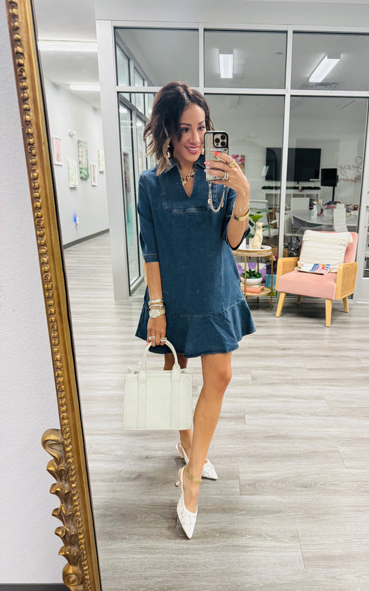 Denim Peplum Hem Mini Dress (Reg & Plus)