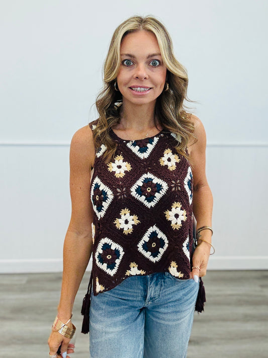 Mocha Crochet Granny Squares Side Tie Vest (Reg.)