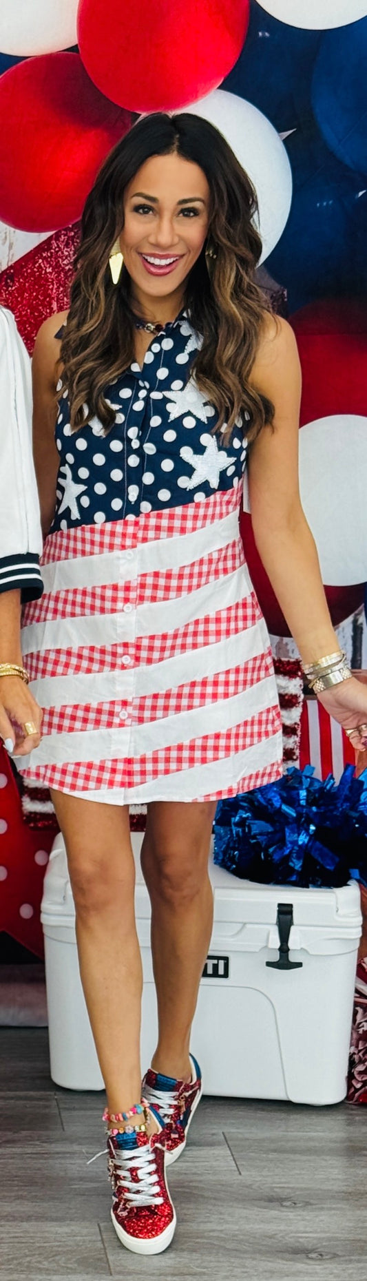 Queen Of Sparkles Navy, Red & White Polka Dot & Stripe USA Dress (Reg. & Plus)