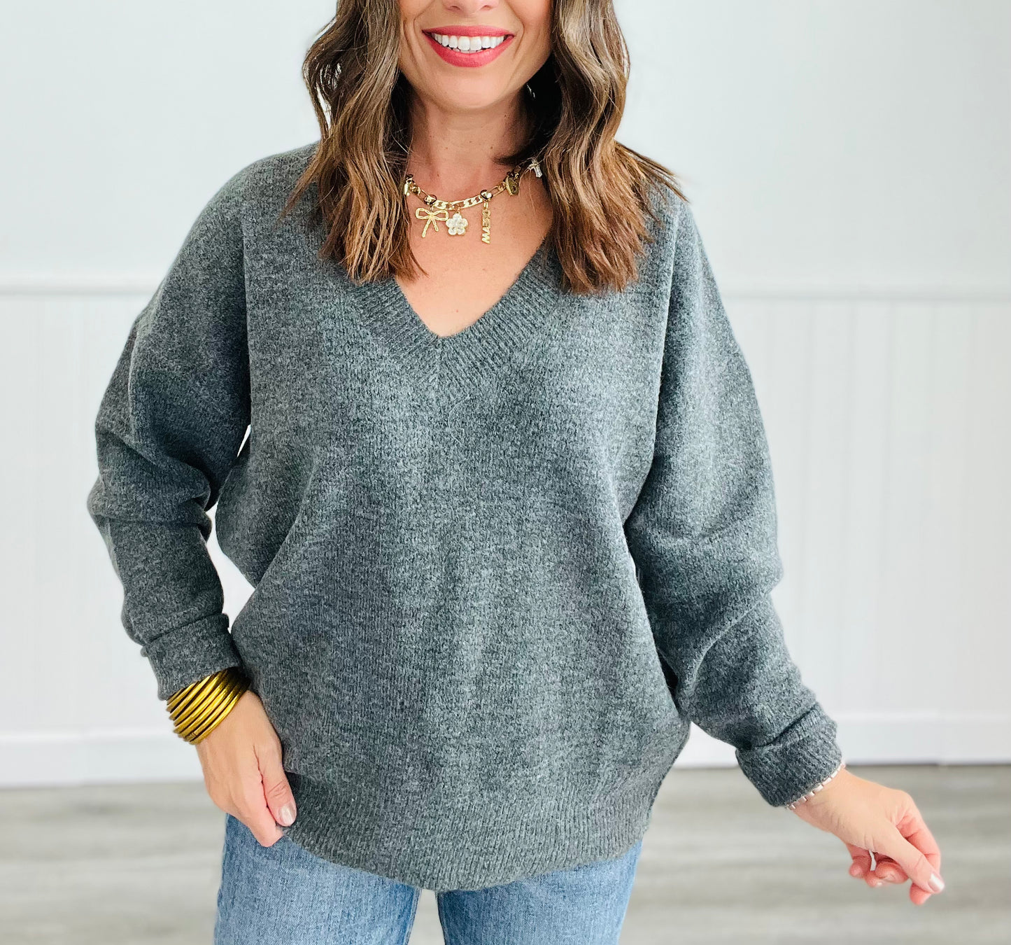 V-Neck Drop Shoulder Sweater (Reg. and Plus) - 4 Colors