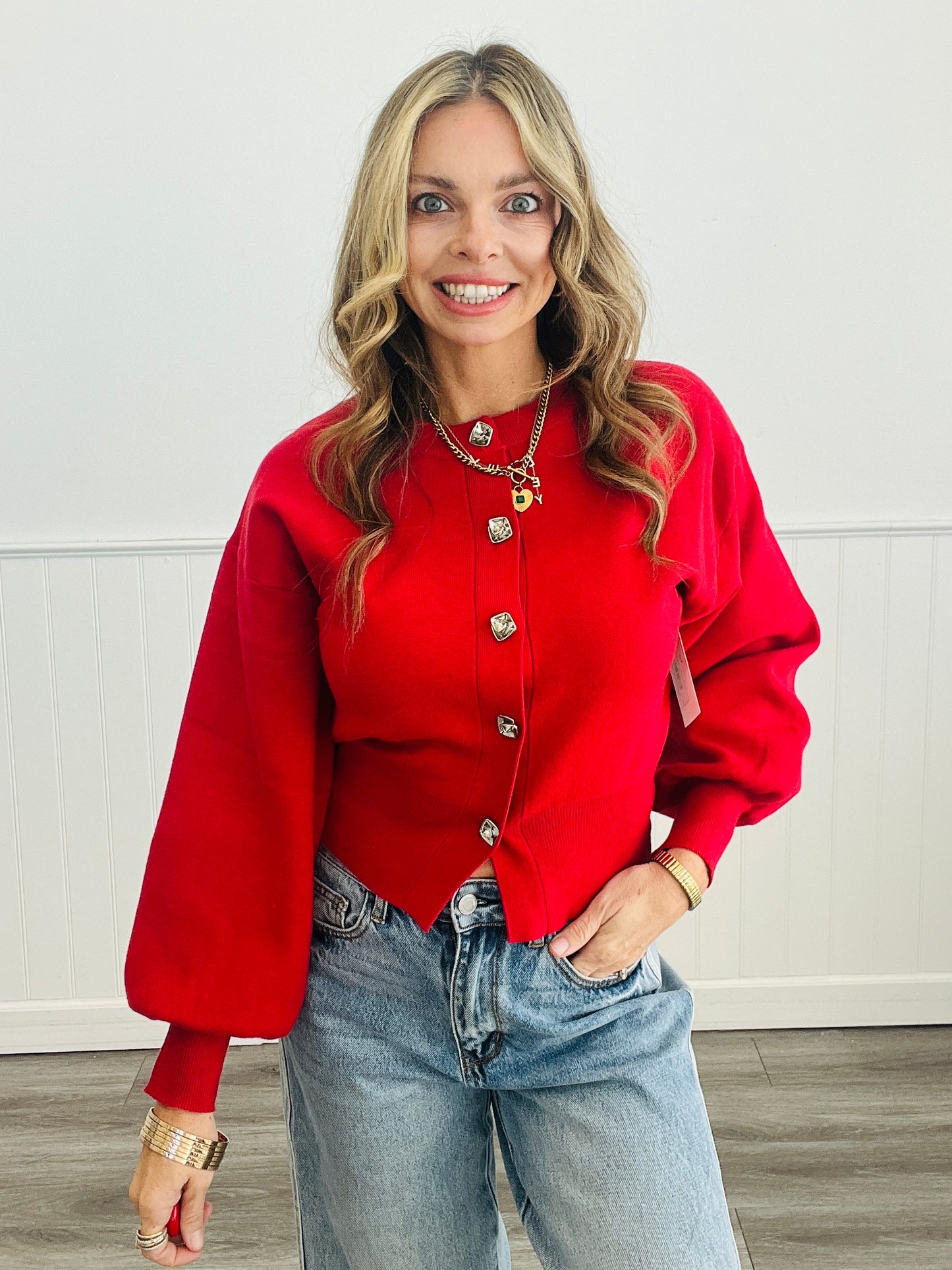 Puff Sleeve Flower Button Sweater Cardigan (Reg.)-3 Colors