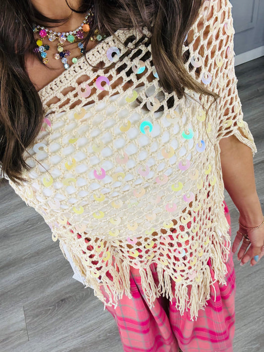 Beige Disc Sequin Fringe Hem Poncho Top (Reg.)