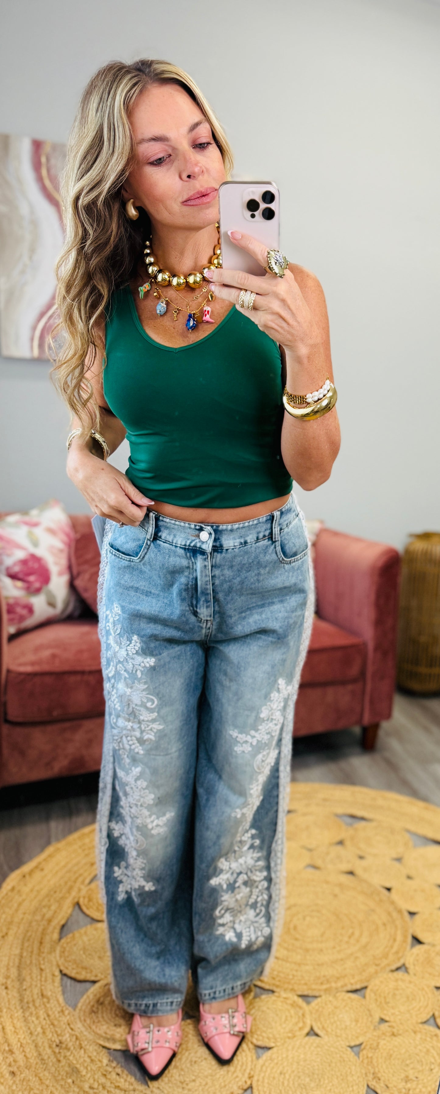 Denim Floral Lace Beaded Detail Pants (Reg.)