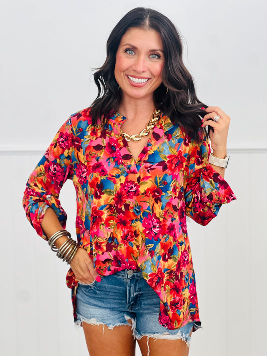 Dear Scarlett Multi Floral 3/4 Sleeve Lizzy Top (Reg. and Plus)